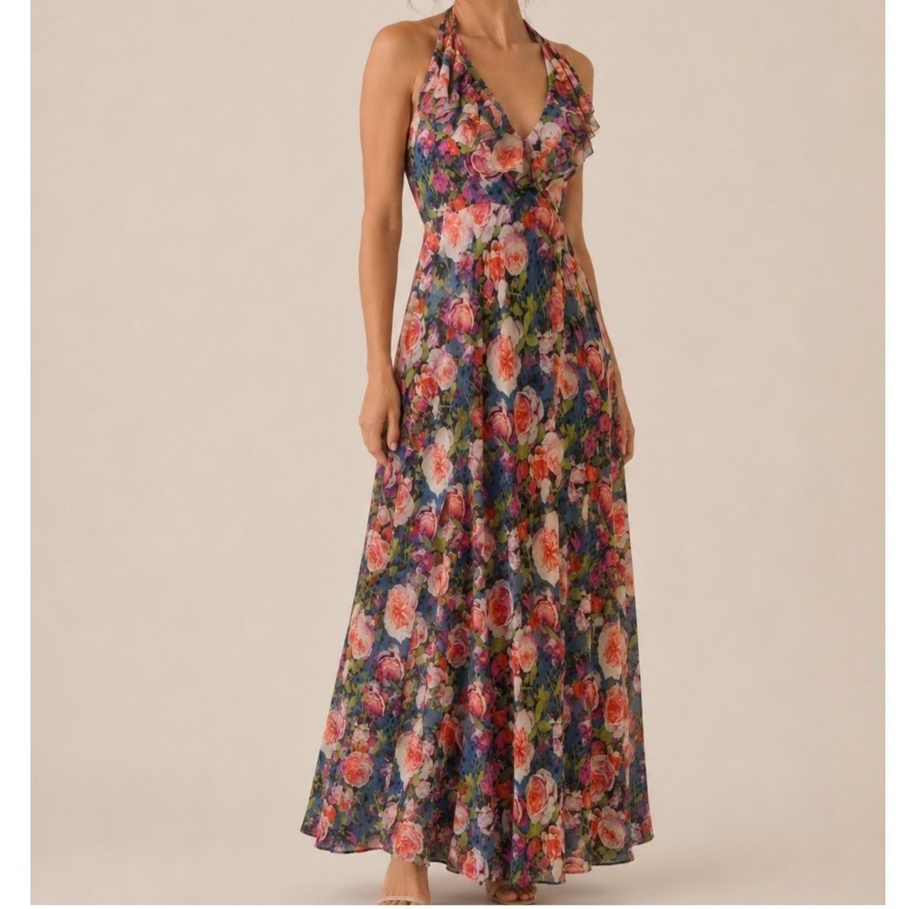 Fuzzi Floral Mesh Halter Maxi Dress XS Romantic Ruffle Wedding Guest Italy $650
